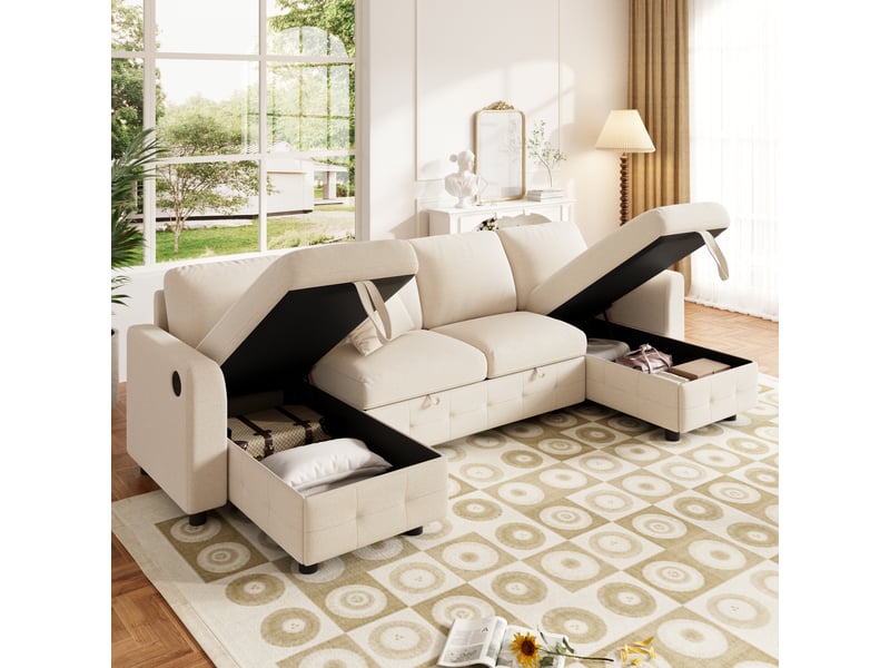  Canapé convertible en u, tissu chenille beige avec 2 méridiennes coffre, lit avec ports usb et type-c pour salon, 260x128x82 cm  - Conforama B
