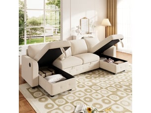 Canapé convertible en u, tissu chenille beige avec 2 méridiennes coffre, lit avec ports usb et type-c pour salon, 260x128x82 cm