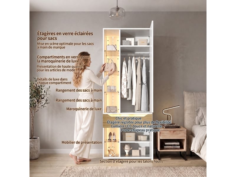 Armoire penderie blanche avec éclairage led et vitrine en verre 122x50x200 cm - Conforama D