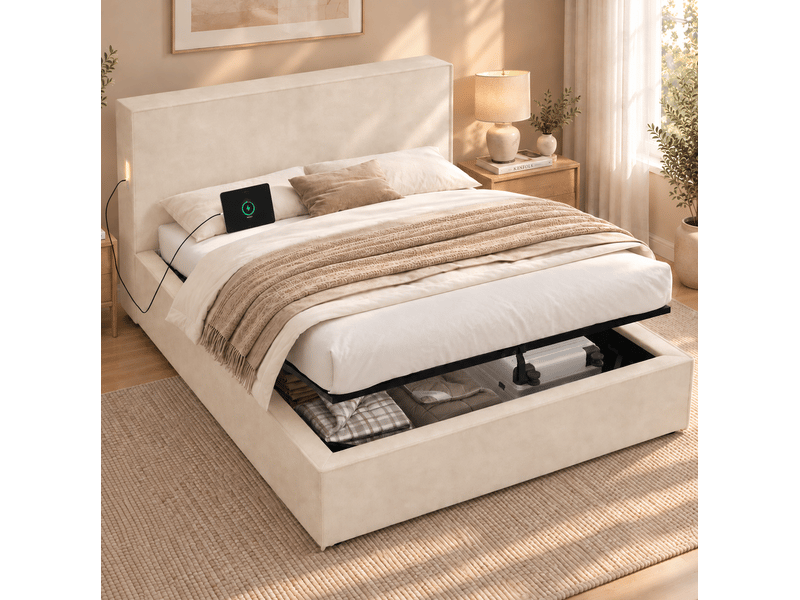  Lit coffre 120x200 cm, 220x133x88 cm, sommier à lattes inclus, rangement hydraulique, chenille beige, sans matelas  - Conforama B