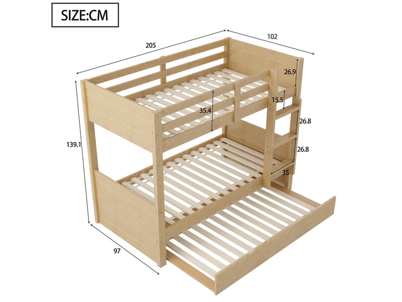 Lit superposé 90x200 cm convertible naturel, lit enfant 3-en-1 avec lit gigogne, 2 lits simples séparables, échelle sécurisée et sommier inclus - Conforama E
