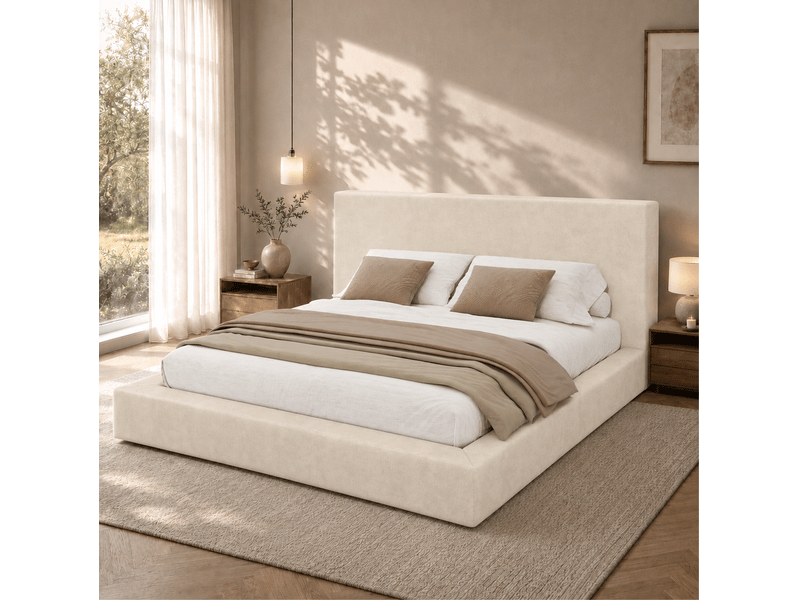  Lit coffre 180 × 200 cm avec sommier à lattes et ouverture hydraulique, tête de lit rembourrée en chenille beige  - Conforama B