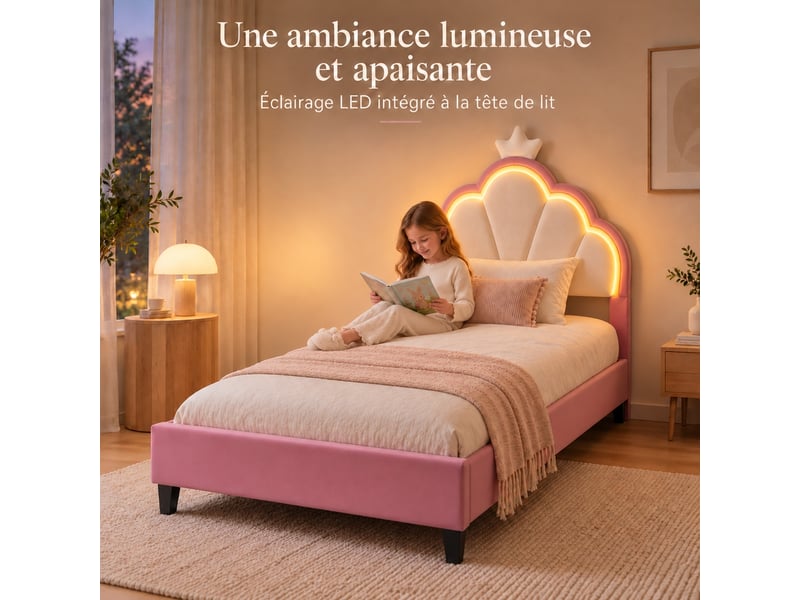  Lit enfant fille 90x200 cm en velours, lit simple rembourré avec led, lit princesse avec tête de lit réglable, décoration couronne et sommier à lattes, design rembourré moderne, rose  - Conforama D