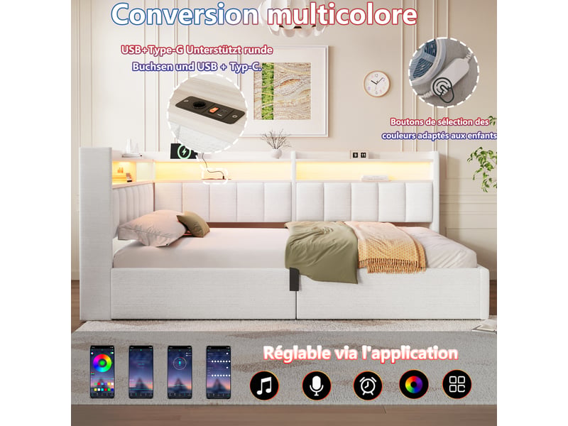  Lit coffre hydraulique 140x200 cm avec led, usb-a et usb-c et tête réversible, velours beige, sans matelas  - Conforama D