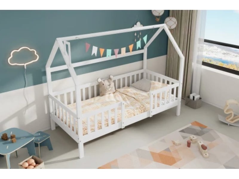  Lit maison enfant, 90×200 cm, avec cheminée, sommier à lattes robuste, pin, blanc, sans matelas  - Conforama B