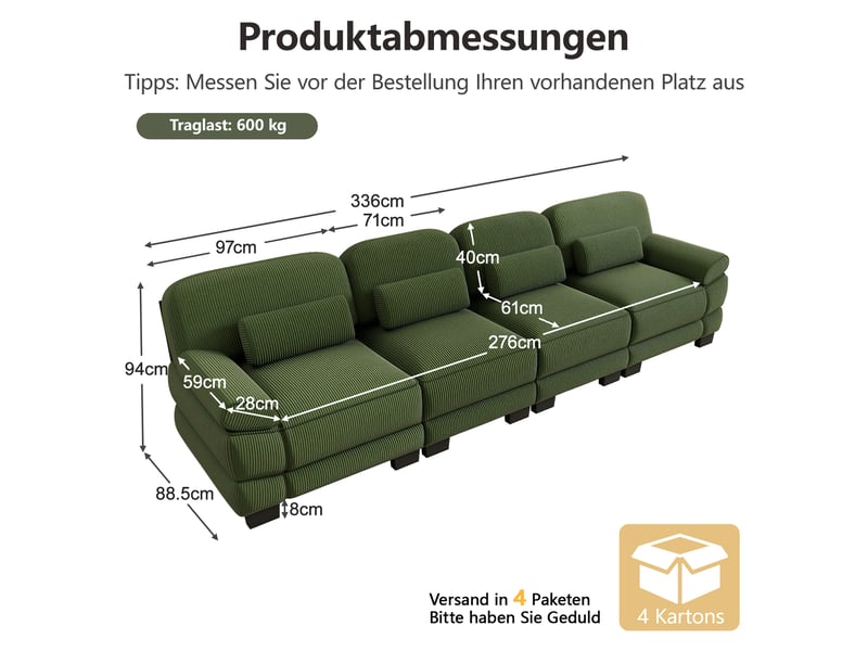 Canapé modulable - 4 places - coussins lombaires - velours côtelé - mobilier de salon - configuration flexible - pratique - vert CozyNest - Conforama D