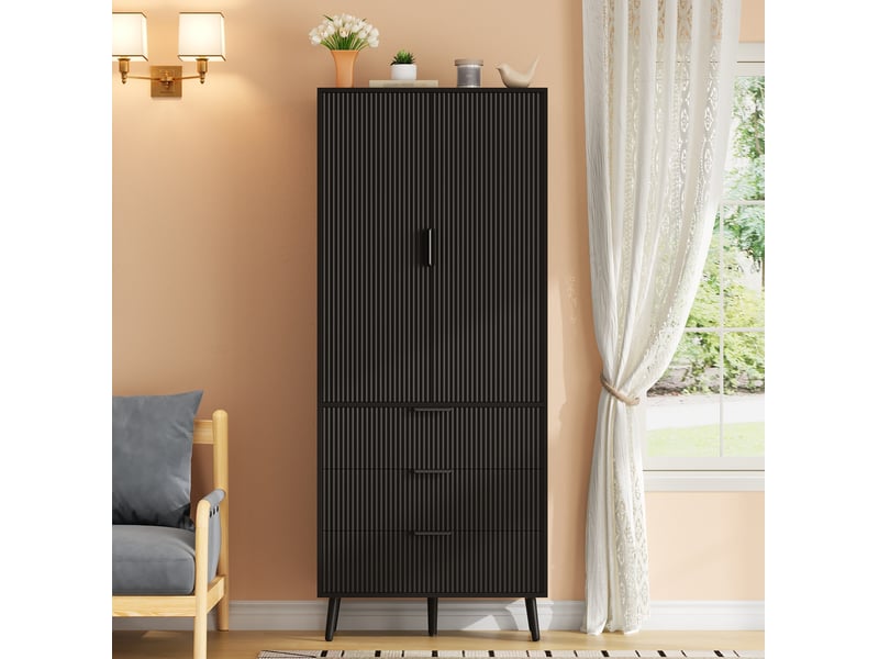 Buffet haut de rangement avec 2 portes, 3 tiroirs et étagères réglables, pieds surélevés pour cuisine en mdf noir - Conforama E