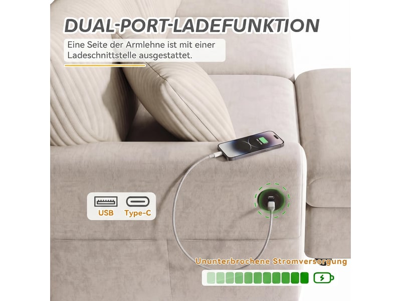  Canapé droit avec pouf et ports usb et usb-c - 2 coussins, chenille et velours côtelé beige  - Conforama E