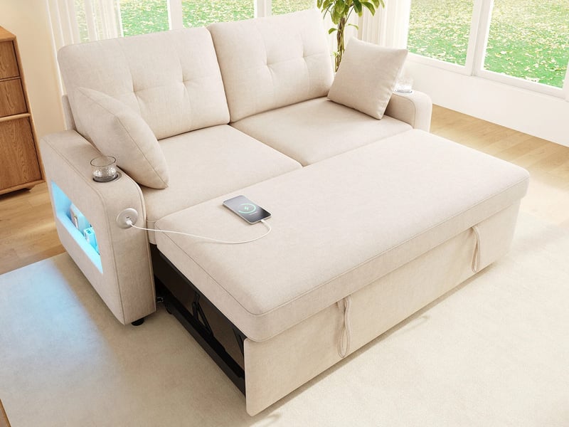  Canapé droit convertible ,2 places,avec éclairage led, ports de charge usbtype-c, porte-gobelets,141x131x83 cm,beige  - Conforama B