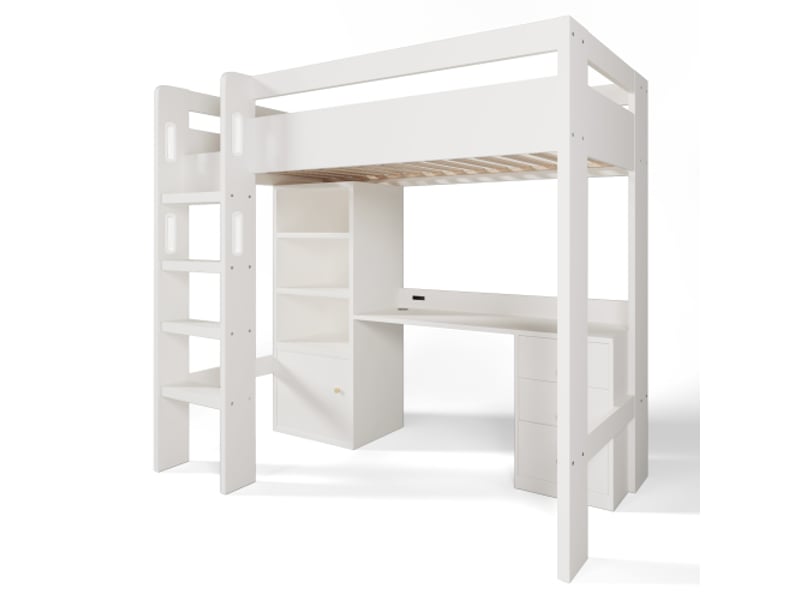  Lit mezzanine adulte, bureau usb-c, armoire à vêtements, armoire de rangement et latte de support,90cm*200cm  - Conforama D