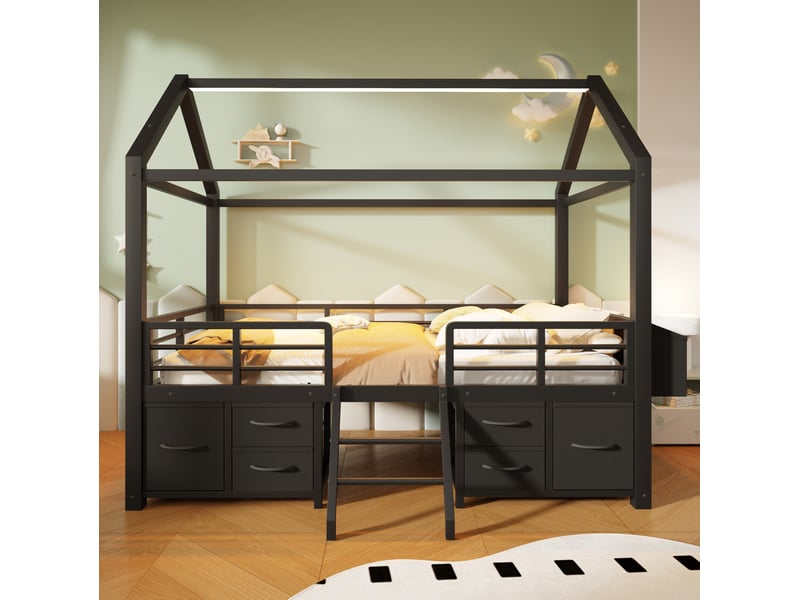 Lit mezzanine enfant 90x200 cm avec tiroirs en tissu et led, métal noir, sans matelas - Conforama W