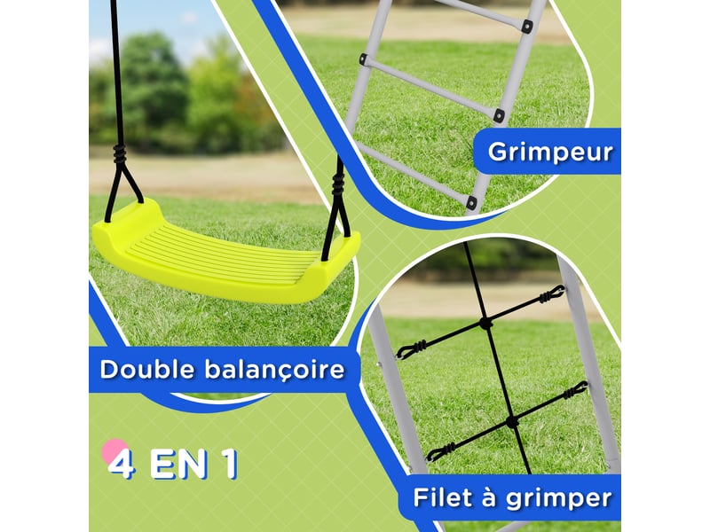  4 en 1 balançoire portique pour enfant avec 2 siège de balançoire échelle grimpeuse et filet d'escalade vert  - Conforama E