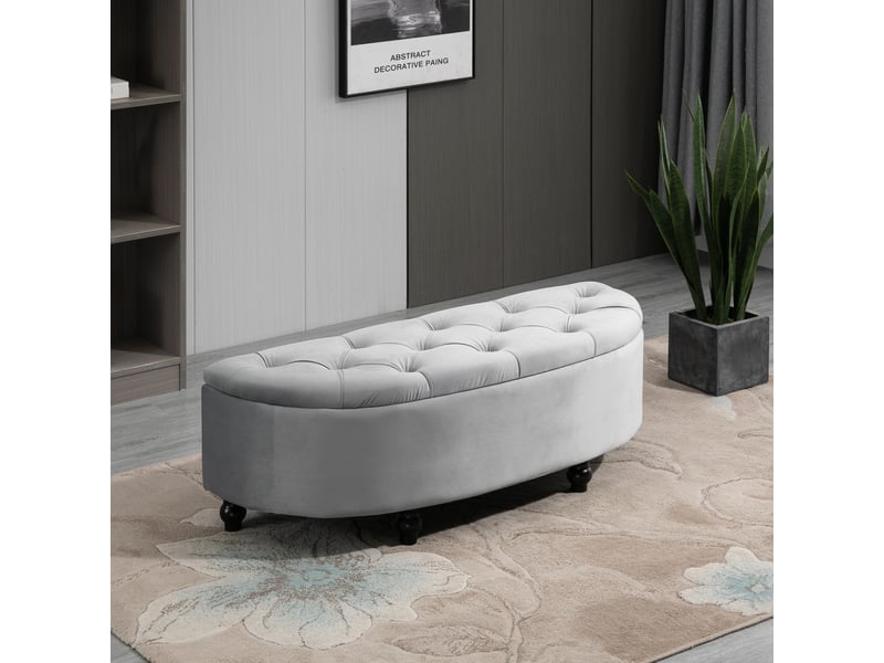  Banc de rangement, coffre de rangement design capitonné demi-cercle bout de lit avec revêtement velours, pieds en bois d'hévéa, pour salon, chambre, entrée, gris, 120 x 46 x 42 cm  - Conforama D