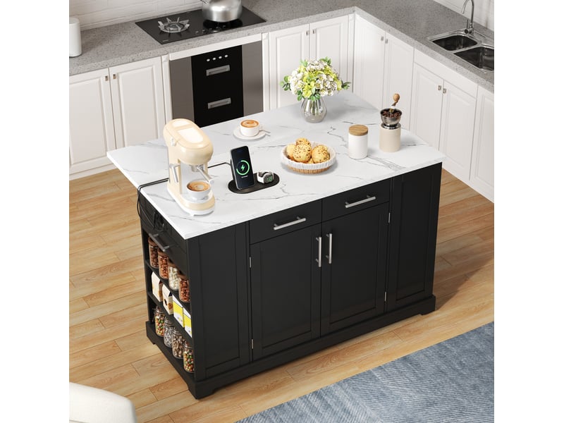 Desserte de cuisine avec plateau rabattable, 3 portes de rangement, prises et roulettes freinées, 138 × 86 × 92 cm - Conforama E