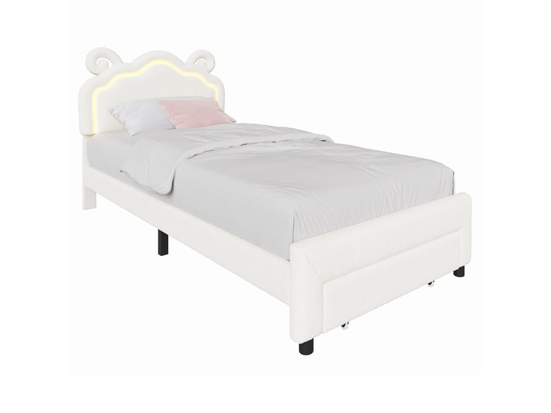  Lit simple avec éclairage led et tiroir gigogne 90 x 200 cm - blanc - canapé-lit en tissu bouclette teddy avec tête de lit motif cornes de bélier  - Conforama A