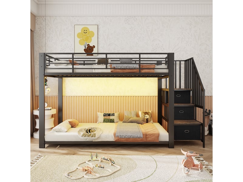 Lit superposé 90x200 cm - lit double en métal avec escalier de rangement, led et prises - noir - Conforama C