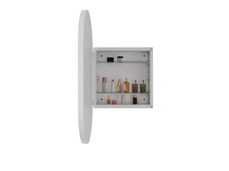  Armoire miroir murale ovale blanche, cadre métal, étagères réglables, encastrable  - Conforama D