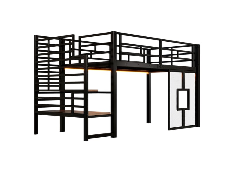  Lit mezzanine 90 x 200 cm structure métal escalier intégré rangement intégré éclairage led fenêtres décoratives noir rangement lit 1 place  - Conforama A