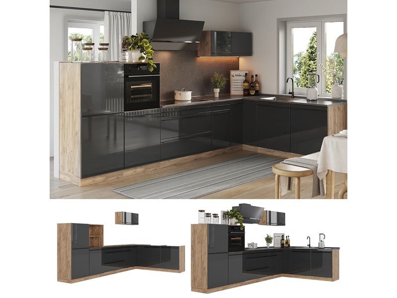  Vicco cuisine en angle, anthracite haute brillancechêne doré, 347 x cm sans plan de travail  - Conforama D