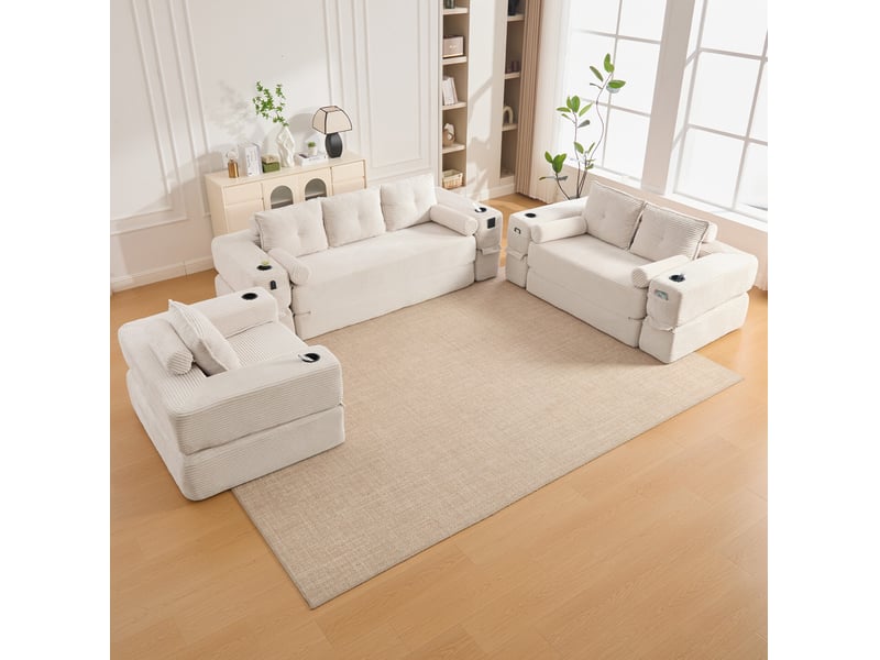 Canapé droit convertible 2 places en velours côtelé beige, avec poches latérales et porte-gobelets intégrés - Conforama E