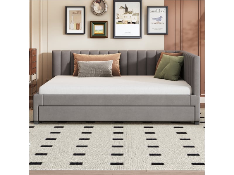  Canapé-lit capitonné 140*200 cm avec lit gigogne escamotable, velours gris, design convertible, sans matelas  - Conforama D