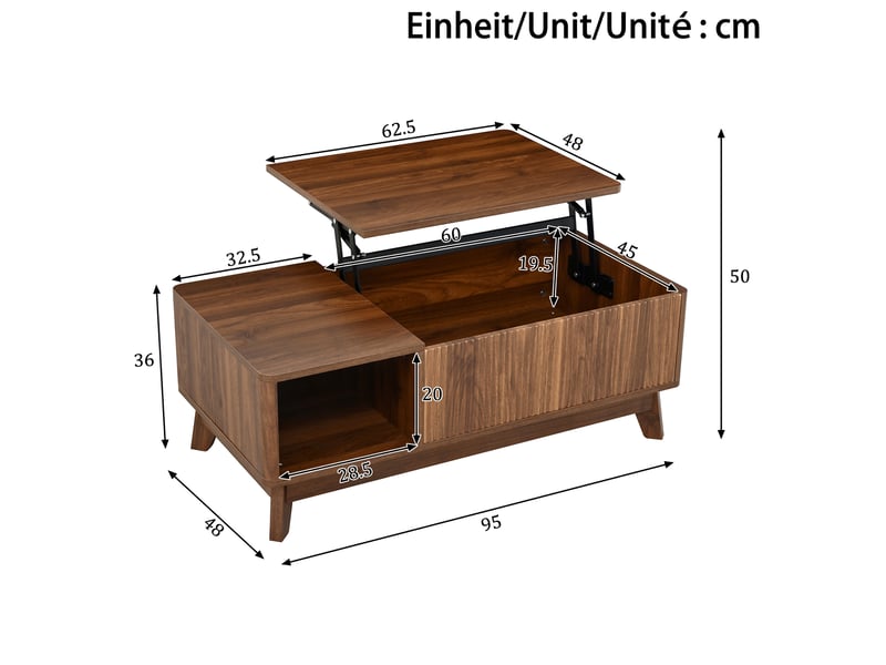  Table basse relevable avec rangement, mdf, coloris noyer, 95 x 48 x 50 cm  - Conforama E