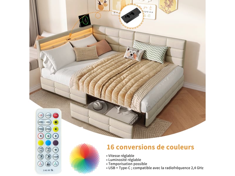  Canapé lit 140x190 avec rangement, lit coffre avec 2 tiroirs, led lit avec ports usb, beige lin lit gigogne aux chambres, studios et salons  - Conforama R