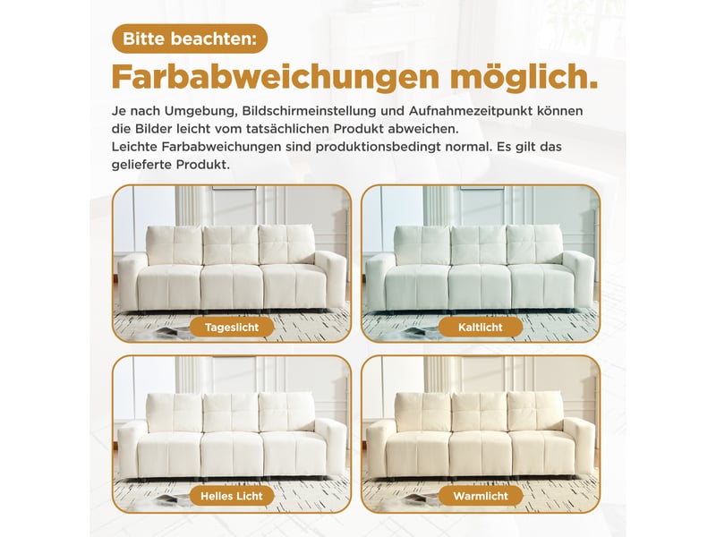 Canapé convertible 3 places droit chenille beige blanc, profondeur réglable jusqu'à 68 cm, structure bois massif, confort ergonomique salon moderne - Conforama E