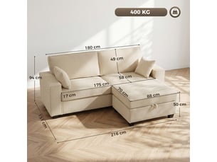 Canapé d'angle, canapé 3 places, en velours tricoté, beige, avec pouf, mobilier pour espace de vie, pour salon et séjour