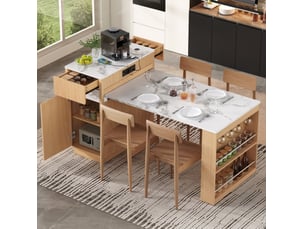 Îlot de cuisine extensible sur roulettes avec rangement, 4 tiroirs, led et prises usb type-c, effet marbre blanc et bois naturel, 80,5x58x94 cm