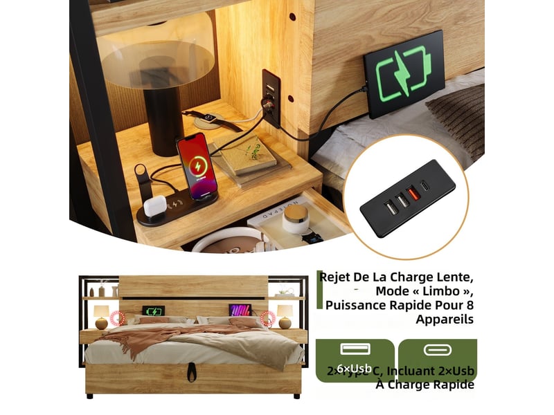  Lit coffre 180x200 cm avec tête de lit rangement et prises usb type c chêne mdf et métal evarich - Conforama A