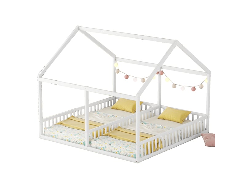  Lit cabane double 90x200, lit 2 en 1 pour enfants avec toit et barrières, cadre en bois massif blanc, aménagement de chambre partagée.  - Conforama W