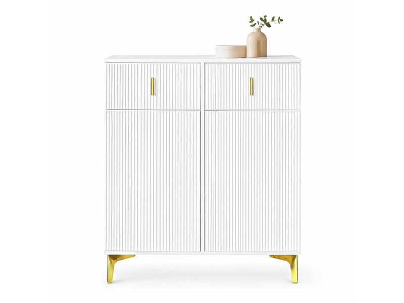  Ensemble vestiaire ulevr avec rangement, meuble à chaussures 2 tiroirs et 2 portes, patères dorées, panneau de particules blanc  - Conforama A