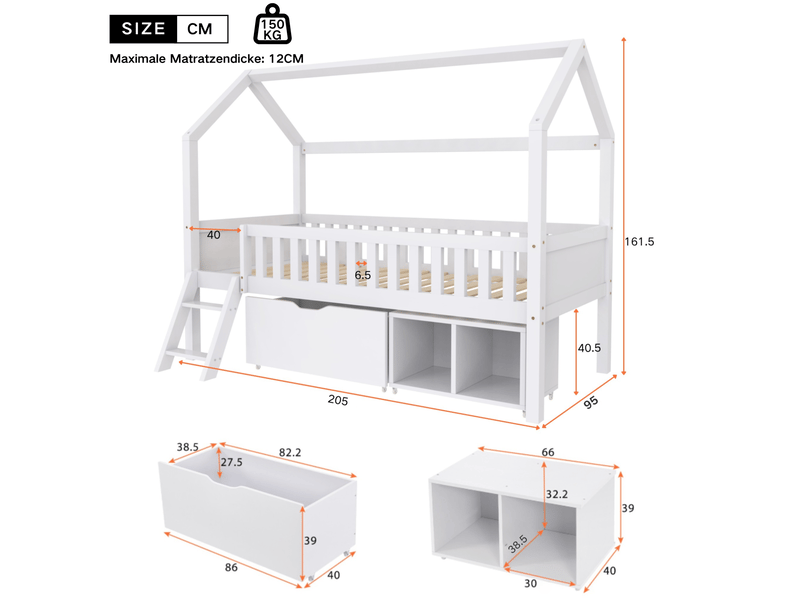  Lit cabane enfant 90x200 cm avec tiroir et rangements, blanc  - Conforama E