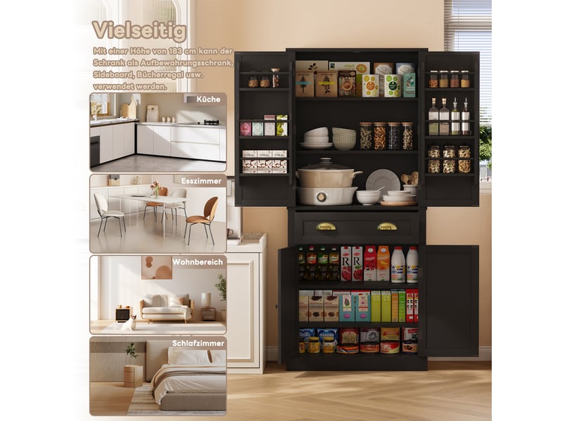 Buffet haut noir 80 × 40 × 182 cm, 4 portes, 1 tiroir, étagères réglables, dispositif anti-basculement - Conforama C