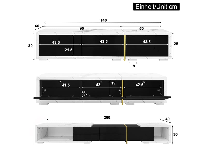  Meuble tv extensible 140-260 cm - blanc effet marbre, finitions noir brillant et mat, détails dorés, plateau rotatif  - Conforama C