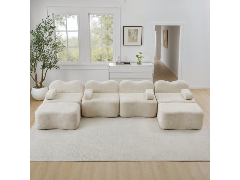  Canapé panoramique en u modulaire avec poufs, assise ergonomique et velours beige  - Conforama B