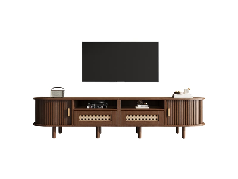  Meuble tv ovale meuble tele bas avec 2 tiroirs, 2 portes coulissantes, rangement mdf décor bois foncé, 170x40x40 cm  - Conforama A