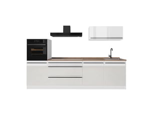Vicco cuisine, blanc haute brillanceblanc, 280cm plan de travail chêne doré