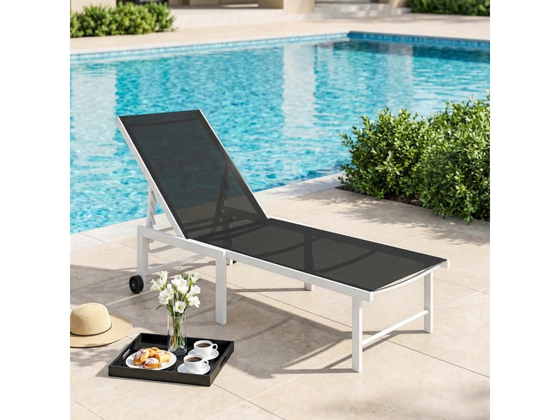  Transat de jardin inclinable à roulettes, dossier réglable 5 positions et structure en acier, 166 x 60 x 84 cm, gris  - Conforama B