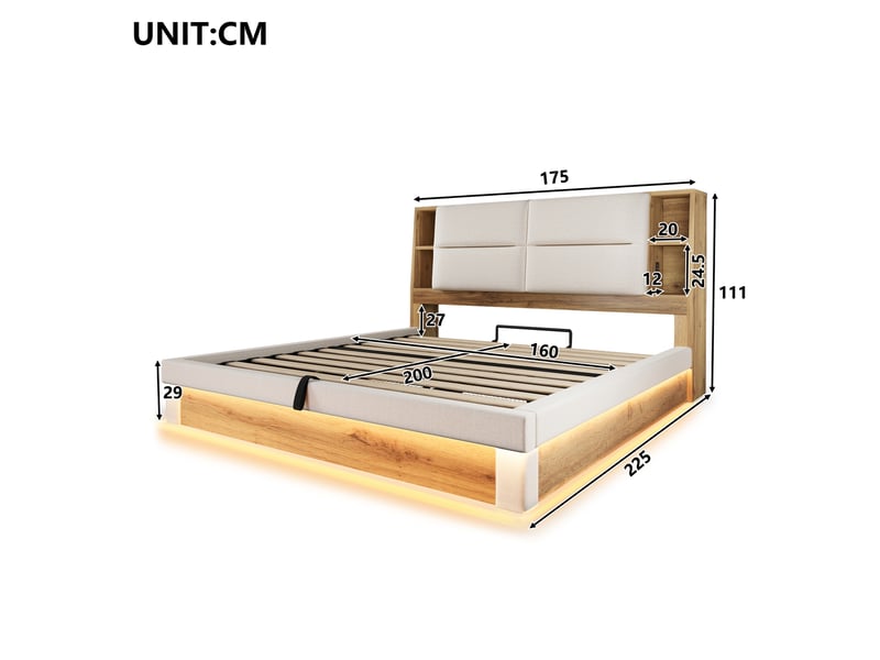  Lit coffre 160x200 avec sommier à lattes, led et usb, lin beige et effet bois  - Conforama C