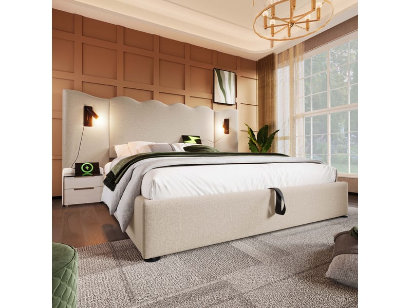  Lit coffre 2 places 180x200 cm avec rangement, liseuses et usb-c beige  - Conforama D