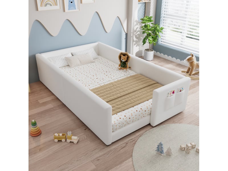  Lit au sol enfant bas 90x200 cm velours blanc, bords rembourrés et poche de rangement latérale  - Conforama B
