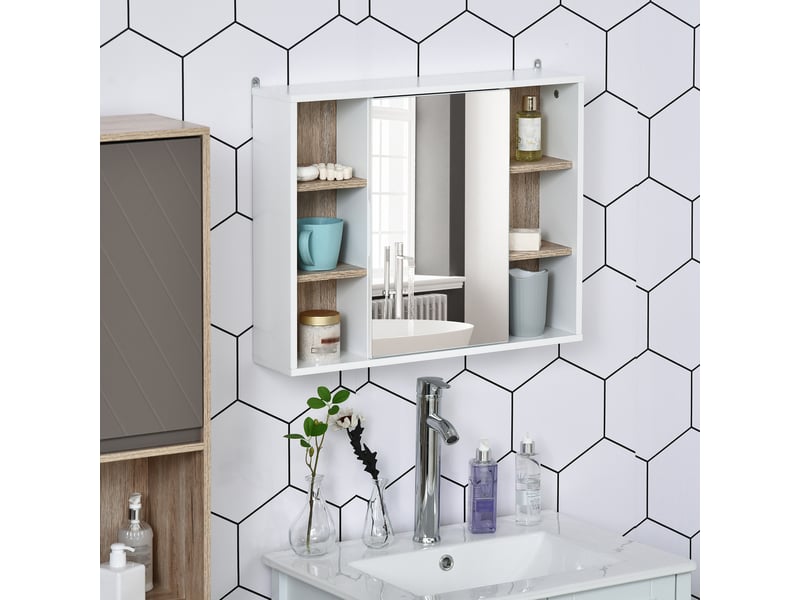  Armoire murale salle de bain avec miroir 60 x 14,5 x 49,4 cm, portes et 6 compartiments ouverts, meuble de rangement  - Conforama D