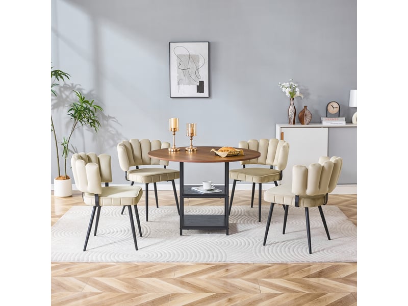 Ensemble table ronde et 4 chaises, table à manger 107 cm avec double rangement, sièges noirs rembourrés, style industriel - Conforama B