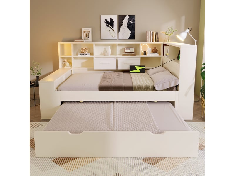  Lit gigogne 90x190 cm avec rangements blanc et ports usb  - Conforama E