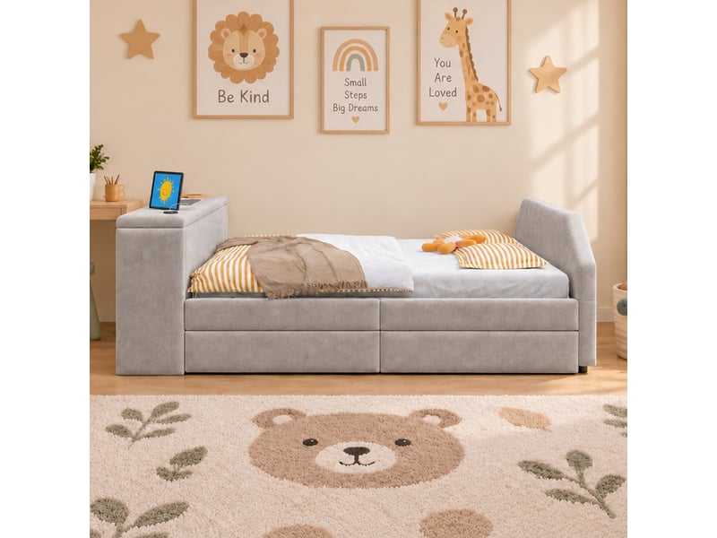  Lit pour enfant rembourré 90x200 cm – avec port de charge usb – avec lit gigogne – velours – gris (matelas non inclus)  - Conforama D