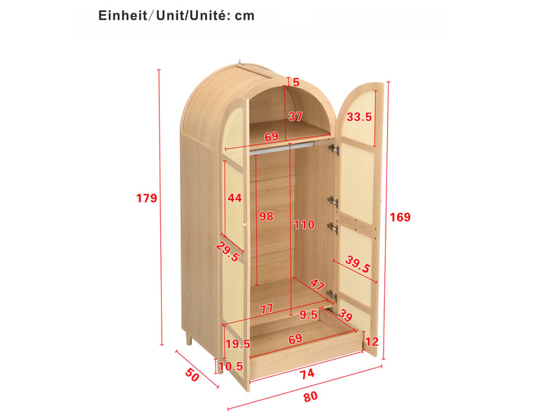  Armoire penderie avec tringle et tiroirs portes en rotin coloris naturel 80x50x179 cm GL8423D - Conforama C