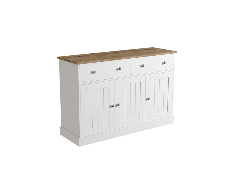 Buffet 120x36x80,5 cm blanc et couleur bois, 3 portes 2 tiroirs en panneau de particules pour rangement - Conforama D