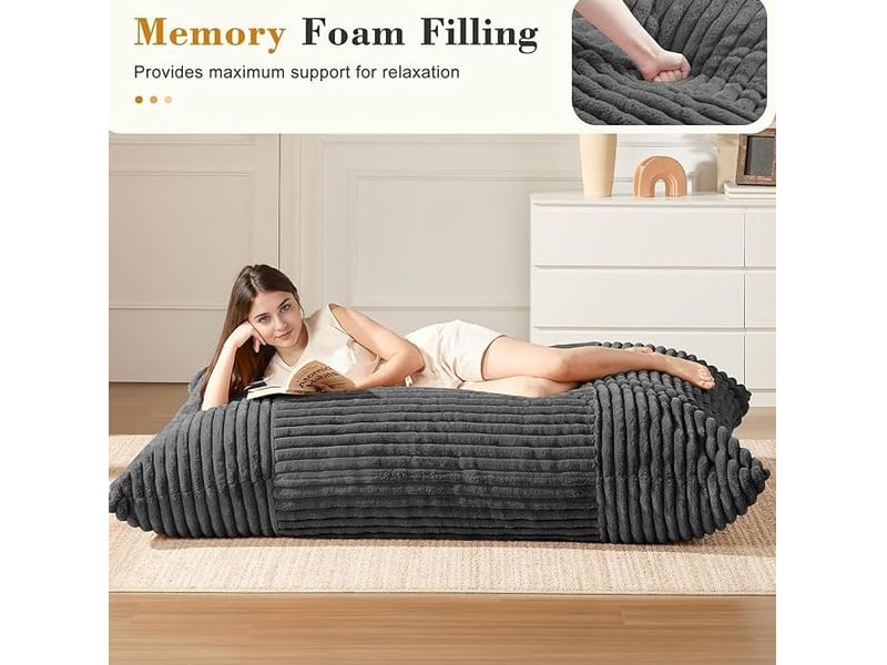 Grande fauteuil pouf convertible 180x125 cm, assise moelleuse, sans montage, matière côtelée gris foncé, parfait pour la détente - Conforama C